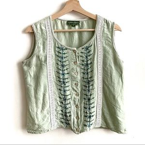 Vintage Green Embroidered Sleeveless Tank Top L